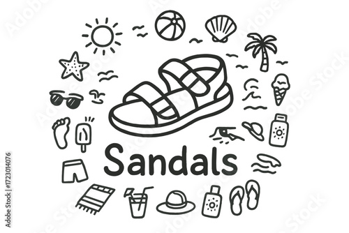 Doodle Sandal Illustration. Sandals. Hand-drawn doodle illustration of Sandals. In the middle, one slightly
