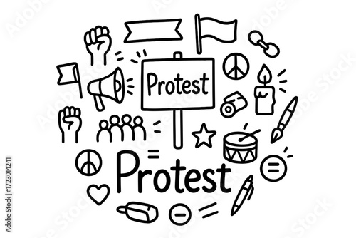 Doodle Protest Montage. Protest. Hand-drawn doodle illustration of Protest. In the middle, one slightly larger