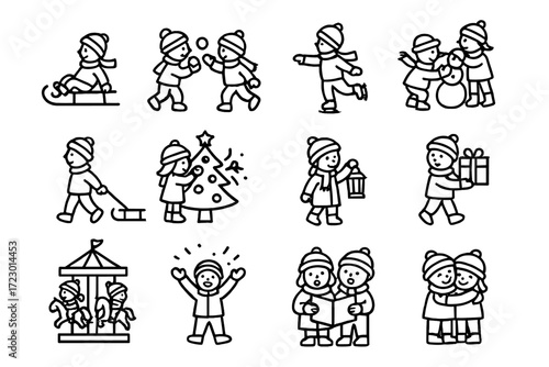 Winter Playtime Icons. Children Playing. Line outline icon set of Children Playing: sledding, snowball fight,
