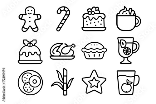Festive Food Icons. Festive Food. Line outline icon set of Festive Food: gingerbread cookie, candy cane,