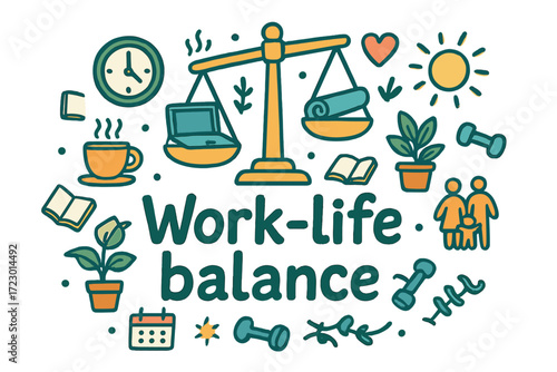 Work-Life Harmony Doodle. Work-life balance. Hand-drawn doodle illustration of work-life balance. Scales,