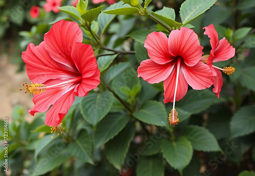 Wallpaper Mural Red hibiscus flower blooming in a tropical garden with vibrant petals and lush green leaves Torontodigital.ca