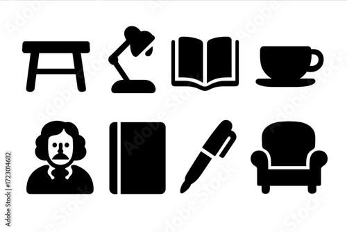 Intimate Reading Icons. Intimate reading. Filled icon set of intimate reading: small table, desk lamp, open