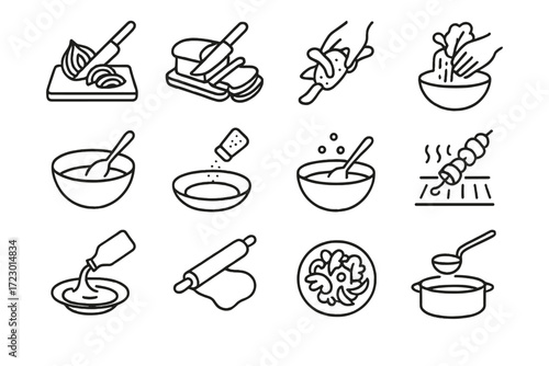 Culinary Icon Set. Food Preparation. Line outline icon set of Food Preparation: chopping onion, slicing bread,