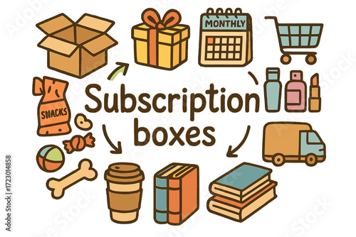Subscription Box Doodles. Subscription boxes. Hand-drawn doodle illustration of subscription boxes. Cardboard