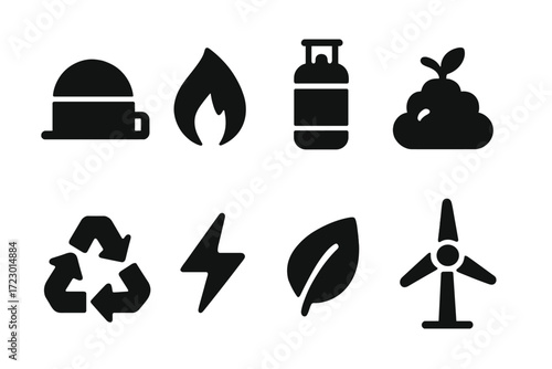 Biogas Energy Icons. Biogas energy. Filled icon set of biogas energy: biogas digester tank, methane flame, gas