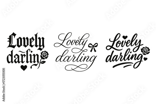 Calligraphy Hearts and Roses. Lovely darling. Create a calligraphy lettering illustration of the phrase: