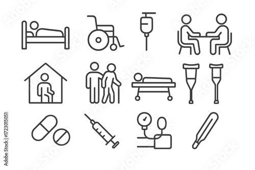 Patient Care Icons. Patient Care. Line outline icon set of Patient Care: patient in bed, wheelchair, IV drip,