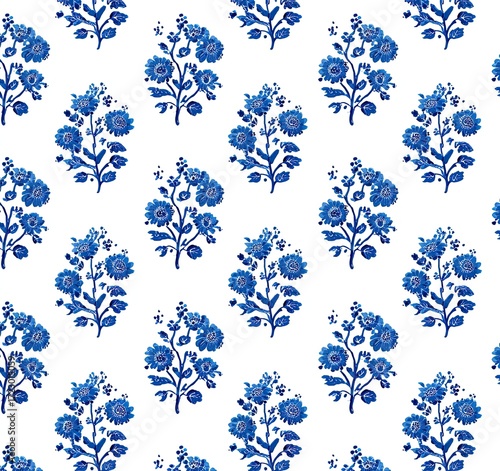 Floral pattern, stylized, indigo blue flowers on white background