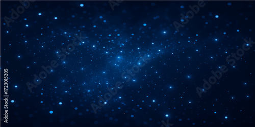 The abstract blue background twinkles with cosmic stars, evoking a dark, starry night sky
