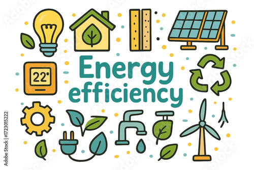 Energy Efficiency Doodle. Energy efficiency. Hand-drawn doodle illustration of energy efficiency. LED bulb,