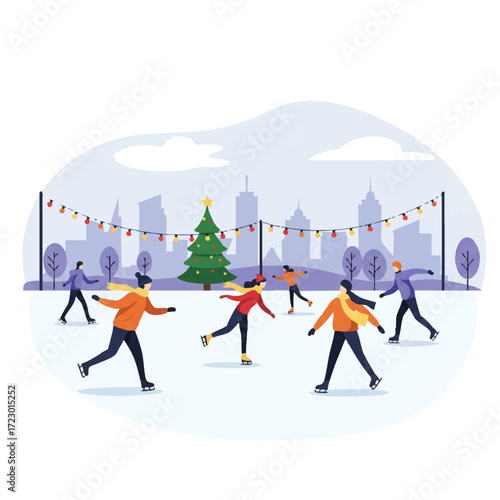 Graceful people ice skating on an outdoor rink in a vibrant flat 2D vector illustration, illuminated by festive lights with a distant city skyline under a clear sky.
