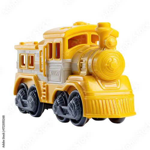 Yellow toy train, front view, plastic construction
