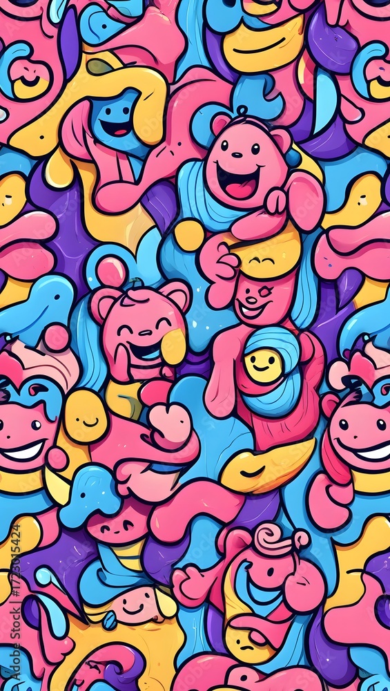 Obraz premium Cartoon doodle art seamless pattern, colorful vector background for kids, cute characters design