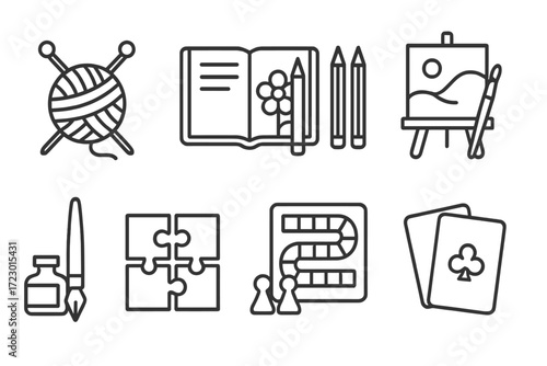 Creative hobbies icons: knitting, coloring, painting, puzzle, board games, cards