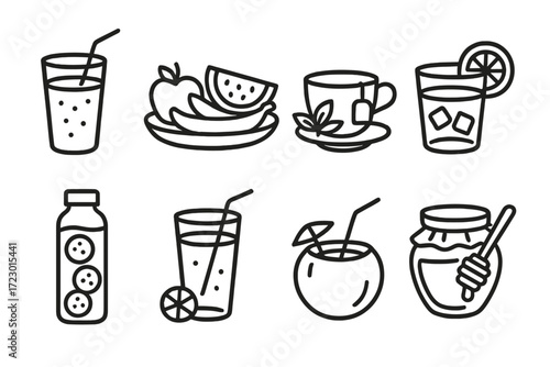 Assorted beverages and fruits line art: tea, juice, smoothie, honey collection