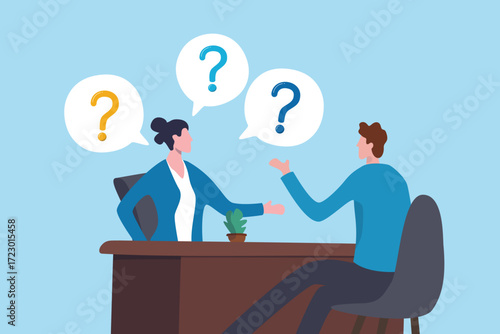 Interview questions, asking job candidate for answers and make decision, communication or challenge hiring recruitment, employment query concept, businesswoman HR asking candidate interview questions.