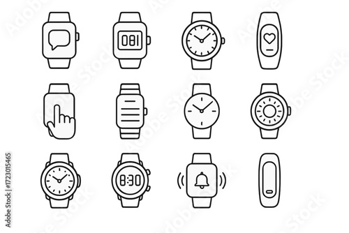 Modern Watch Icons. Modern Watches. Line outline icon set of Modern Watches: smartwatch, digital wristwatch,