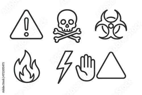 Danger sign icons: hazard, skull, biohazard, flame, lightning, caution
