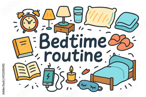 Bedtime Routine Doodles. Bedtime routine. Hand-drawn doodle illustration of bedtime routine. Bed, alarm clock,