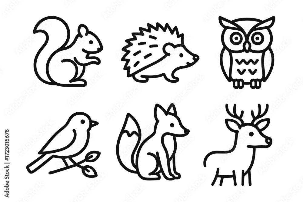 Fototapeta premium Outline illustrations of forest animals: squirrel, hedgehog, owl, bird, fox, deer