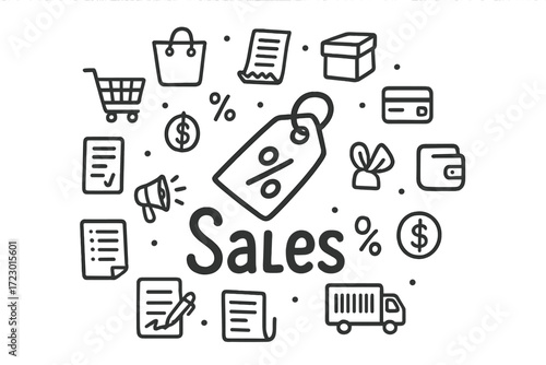 Sales Doodle Illustration. Sales. Hand-drawn doodle illustration of Sales. In the middle, one slightly larger