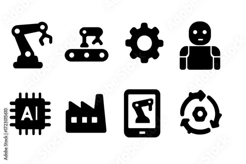 Industrial Robots Icons. Industrial robots. Filled icon set of industrial robots: robotic arm, conveyor belt,