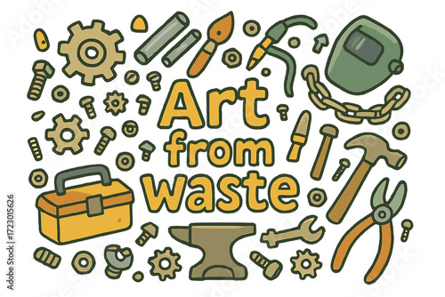 Art from Waste. Art from waste. Hand-drawn doodle illustration of art from waste. Scrap gears, bolts, nuts,