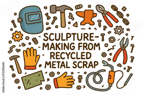 Recycled Metal Sculpture Creation. Sculpture-making from recycled metal scrap. Hand-drawn doodle illustration