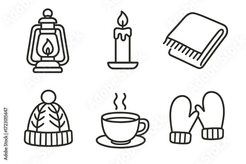 Cozy winter icons: lantern, candle, blanket, hat, coffee, mittens