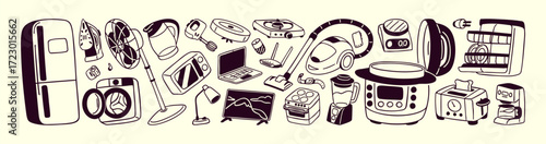 Outline set of home appliances in doodle style. Different domestic electronics: coffee and washing machines, vacuum cleaner, fridge, microwave. Flat isolated hand drawn vector illustrations on white