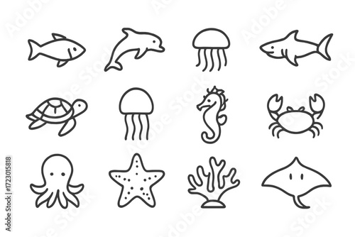 Marine Life Icons. Marine Life. Line outline icon set of Marine Life: fish, dolphin, whale, shark, turtle,