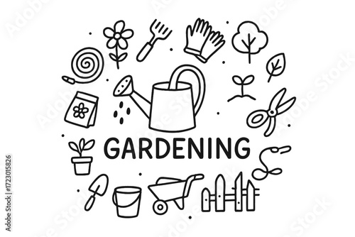 Doodle Gardening Art. Gardening. Hand-drawn doodle illustration of Gardening. In the middle, one slightly