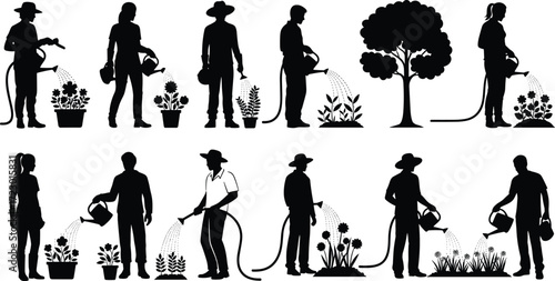 Gardening silhouettes, watering plants, hose, watering can, tree care, potted flowers, black-and-white illustration, plant nurturing, outdoor activity