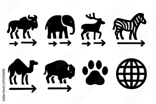 Mammal Migration Icons. Mammal migration. Filled icon set of mammal migration: wildebeest, elephant, caribou,