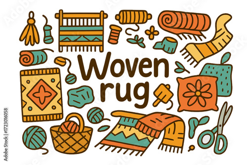 Colorful Woven Rug Design. Woven rug. Hand-drawn doodle illustration of woven rug. Tassels, weaving loom,