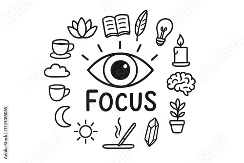 Focus Doodle Illustration. Focus. Hand-drawn doodle illustration of Focus. In the middle, one slightly larger
