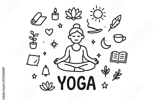 Yoga Doodle Art. Yoga. Hand-drawn doodle illustration of Yoga. In the middle, one slightly larger central