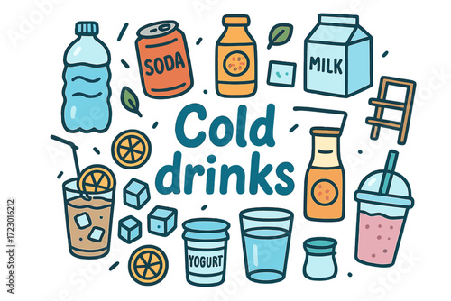 Cold Drinks Doodles. Cold drinks. Hand-drawn doodle illustration of cold drinks. Water bottle, soda can, juice