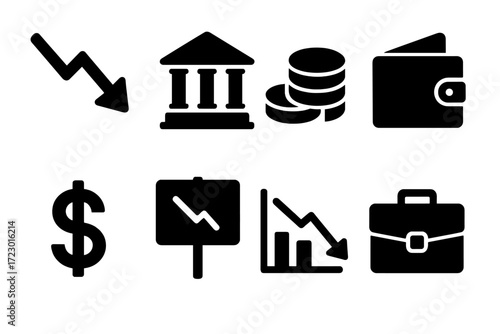 Economic Crisis Icons. Economic crisis. Filled icon set of economic crisis: downward arrow, bank building,