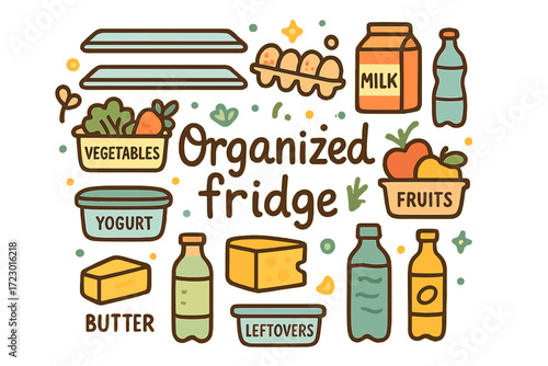 Organized Fridge Doodle. Organized fridge. Hand-drawn doodle illustration of organized fridge. Refrigerator