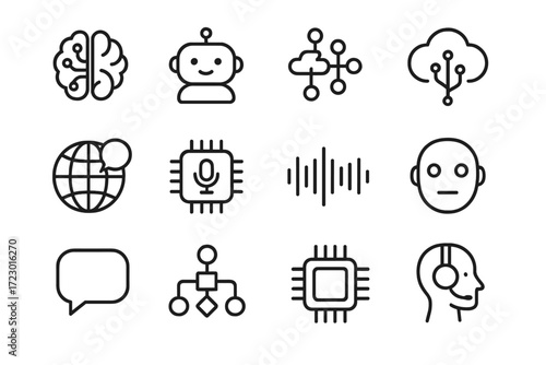 AI Speech Icon Set. AI and Speech. Line outline icon set of AI and Speech: AI brain, chatbot avatar, neural