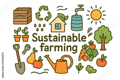 Sustainable Farming Doodle. Sustainable farming. Hand-drawn doodle illustration of sustainable farming.