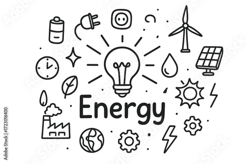 Energy Doodle Art. Energy. Hand-drawn doodle illustration of Energy. In the middle, one slightly larger