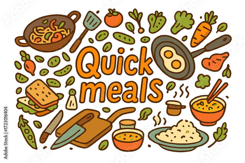 Quick Meals Doodle. Quick meals. Hand-drawn doodle illustration of quick meals. Wok, frying pan, spatula,