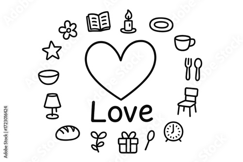 Love Doodle Compilation. Love. Hand-drawn doodle illustration of Love. In the middle, one slightly larger