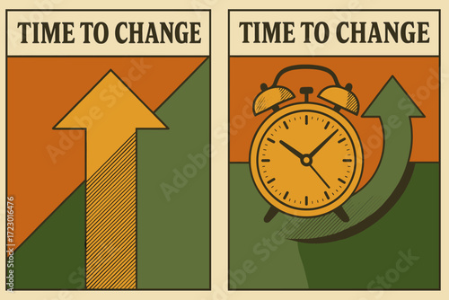 Minimalist Retro Posters. time to change. Two minimalist vintage-style posters placed side by side in one