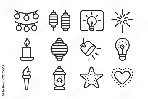 Festival Lighting Icons. Festival Lighting. Line outline icon set of Festival Lighting: string lights,