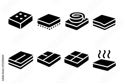 Floor Layers Icons. Floor layers. Filled icon set of Floor layers: insulation board, screed layer, pipe coil,