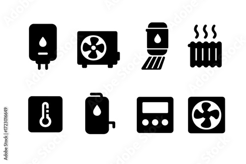 Heating Systems Icons. Heating systems. Filled icon set of Heating systems: boiler, heat pump, solar water